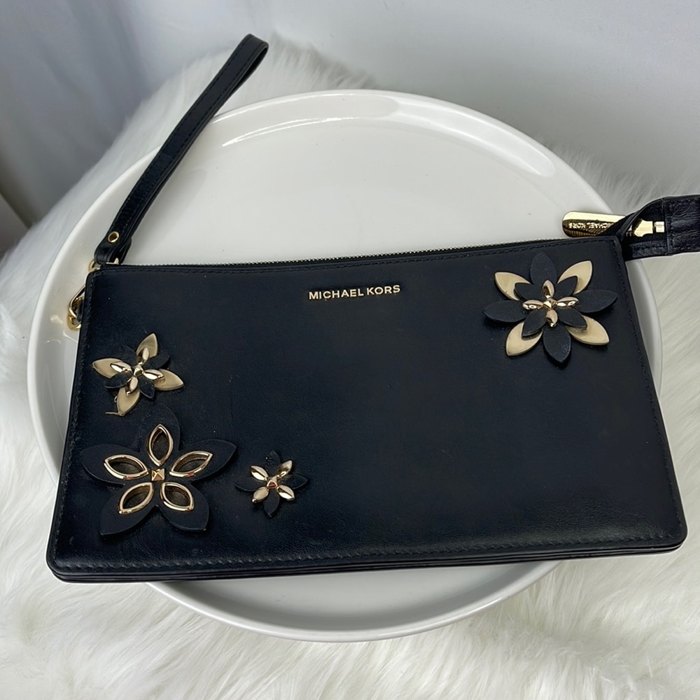 Michael Kors Flowers wristlet clutch black leather